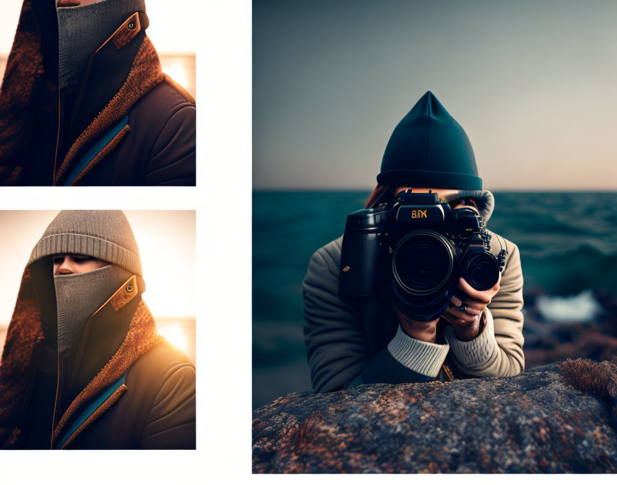 Hooded person with DSLR camera at sea in triptych