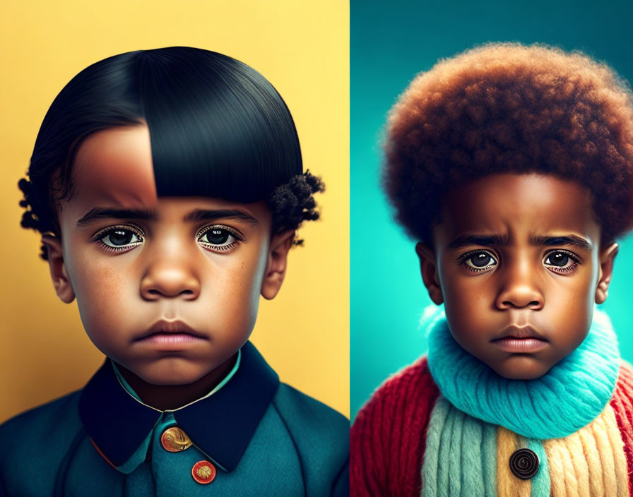 Stylized portraits of young child: one formal, one colorful