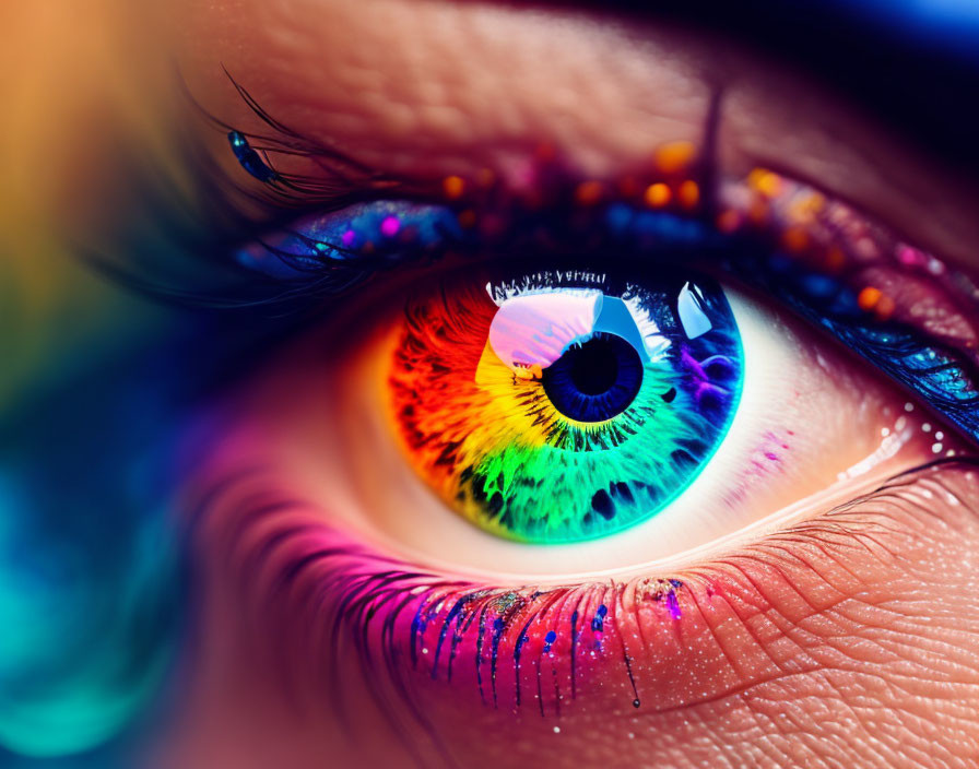 Vibrantly colored eye with rainbow iris and artistic makeup