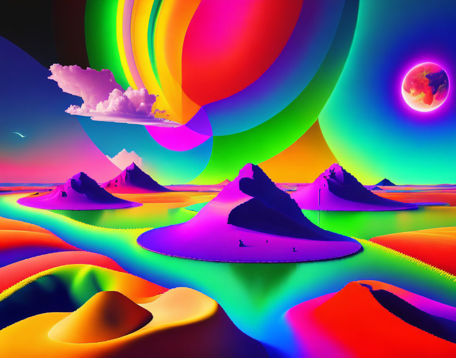 Colorful Surreal Landscape with Rolling Hills, Mountains, Nebula Sky, Planets, and Floating