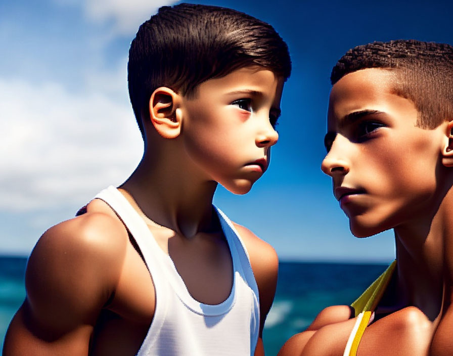 Two boys in white and yellow tank tops against blue ocean and sky