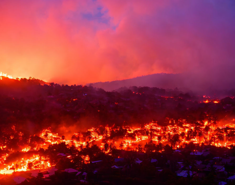 Intense wildland fire scene at dusk with flames near homes under a purple, smoky sky