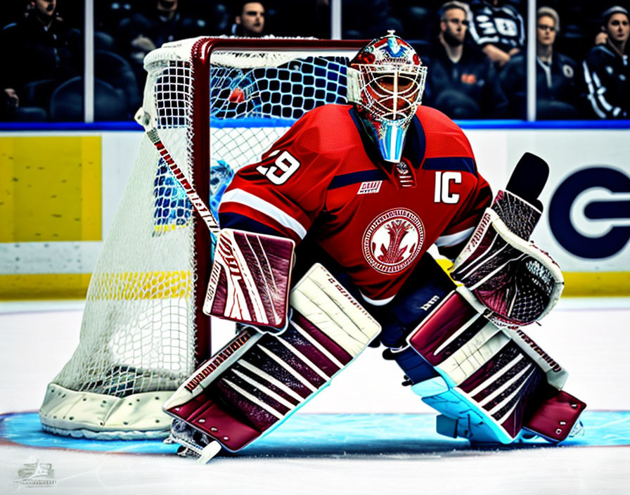 Red Jersey Hockey Goalie Crouched in Front of Net