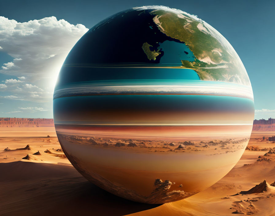 Surreal composite: Earth and Saturn-like planet over desert landscape