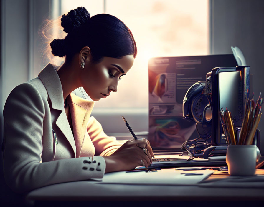 Focused woman writing notes at desk with computer and headphones in warm sunlight