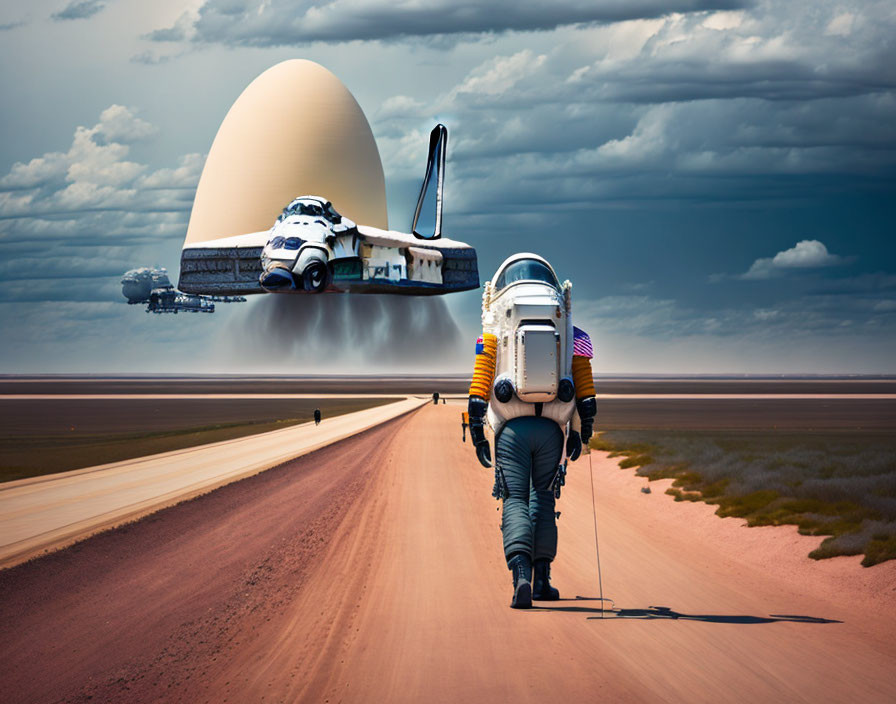 Astronaut walking towards egg-shaped structure in desert with futuristic hovercraft.