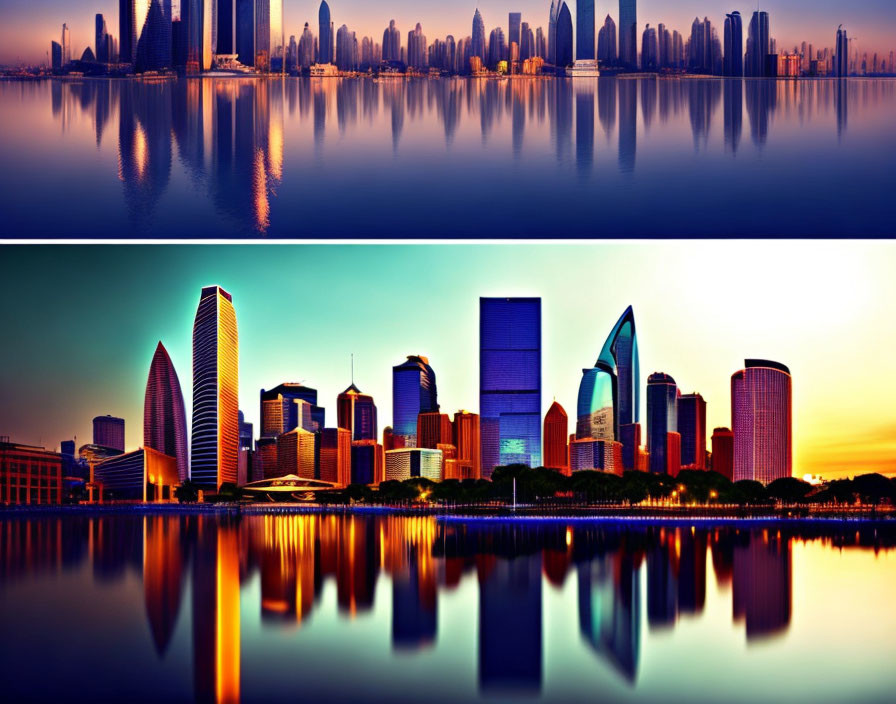 Panoramic city skylines at sunset with water reflections