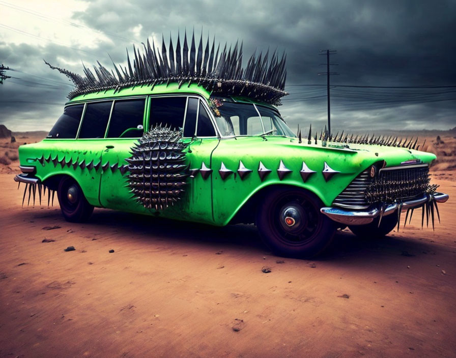 Vintage Green Car with Spiky Modifications in Desert Stormscape