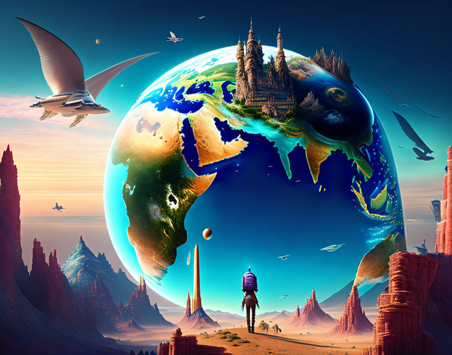 Surreal fantasy landscape with giant fragmented Earth and floating islands