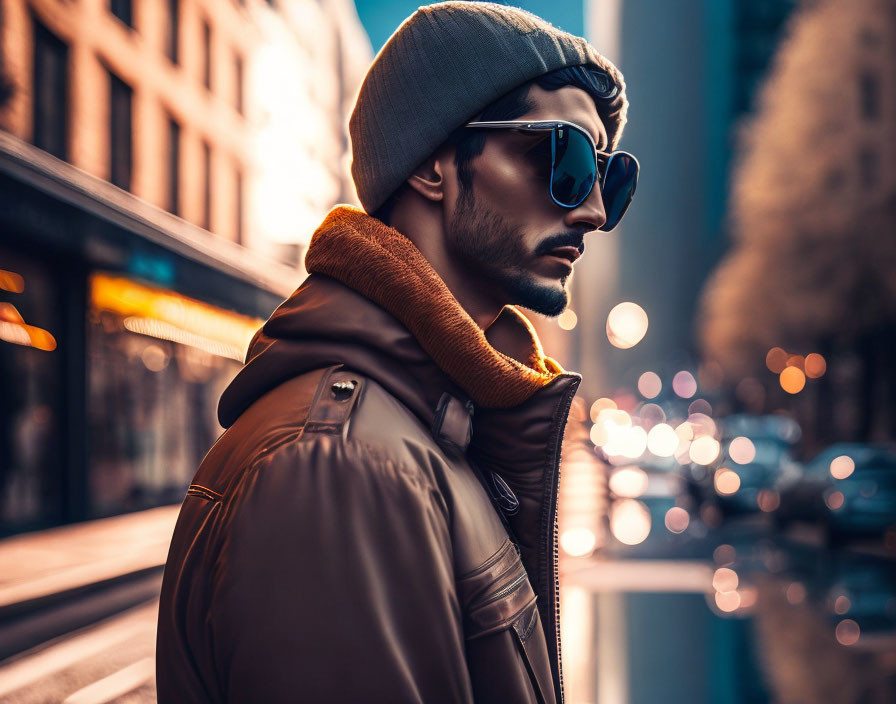 Fashionable man in sunglasses, beanie, and fur collar jacket on city street at twilight