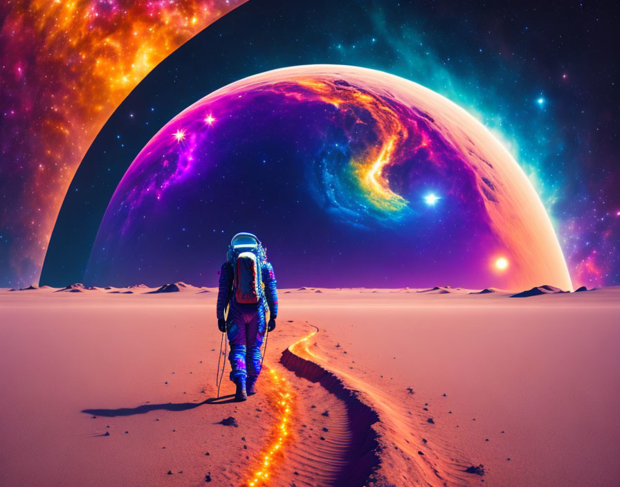 Astronaut on sandy alien landscape with colorful celestial bodies