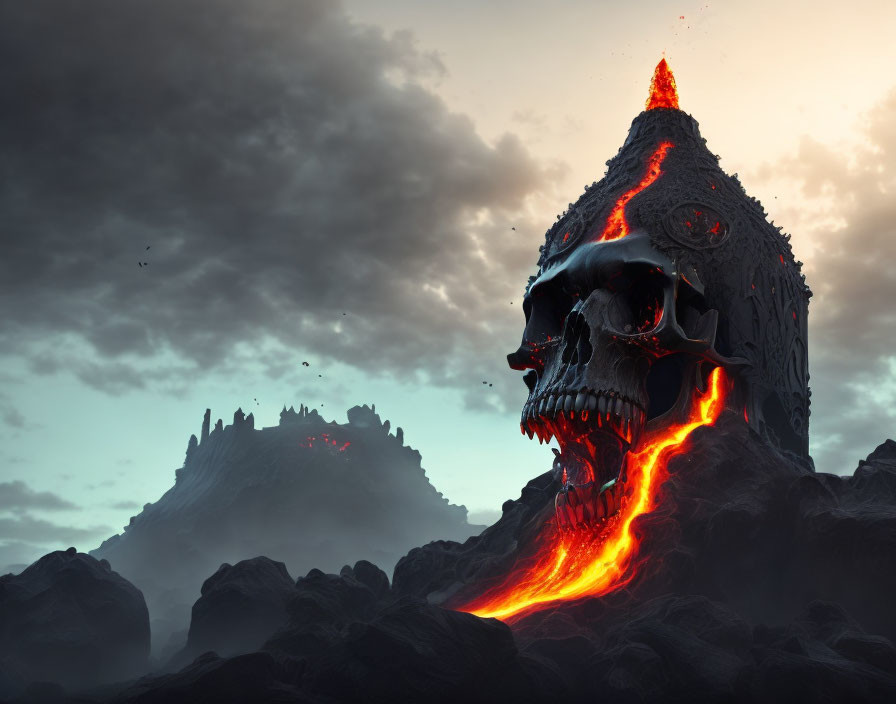 Sinister volcanic mountain with skull face and lava streams under dramatic sky