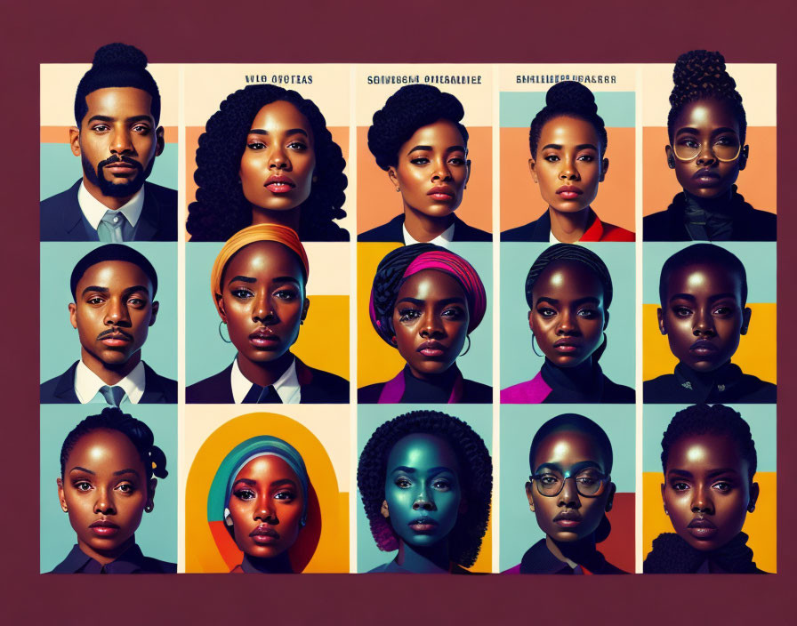 Stylized collage of diverse Black individuals with various hairstyles and fashion accessories