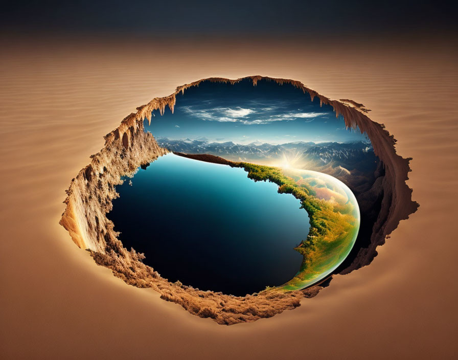 Circular surreal landscape with mountains, grass, water in desert setting.