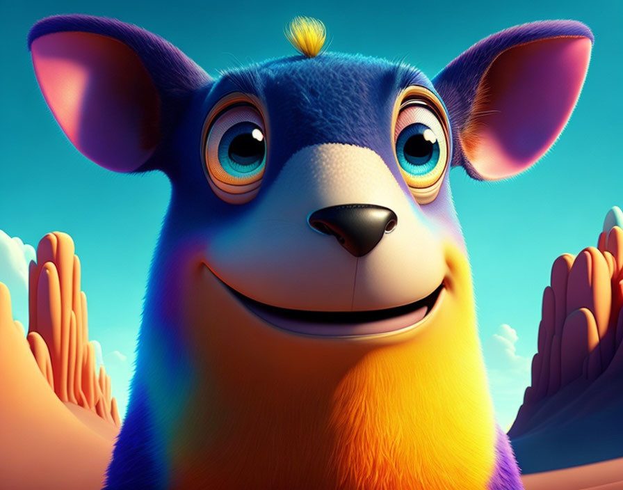 Colorful animated kangaroo with big blue eyes and a crown in a desert.