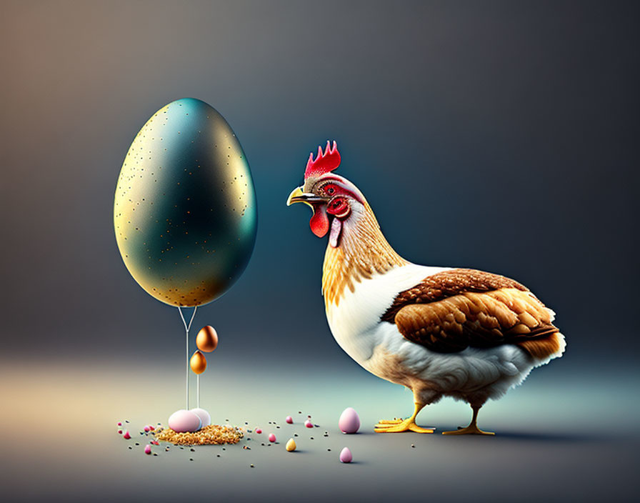 Chicken with speckled egg and balloon, surrounded by smaller eggs