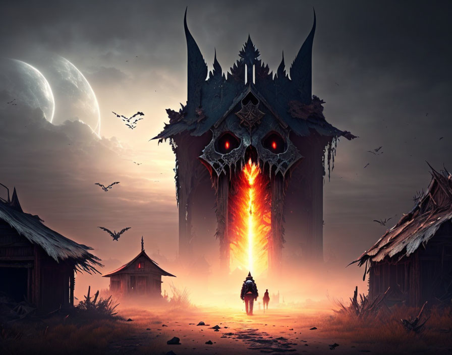 Dark fortress under dusk sky with glowing portal, cloaked figure on horseback, circling birds.