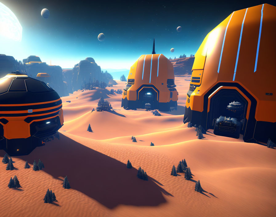 Futuristic desert landscape with orange and black domed buildings