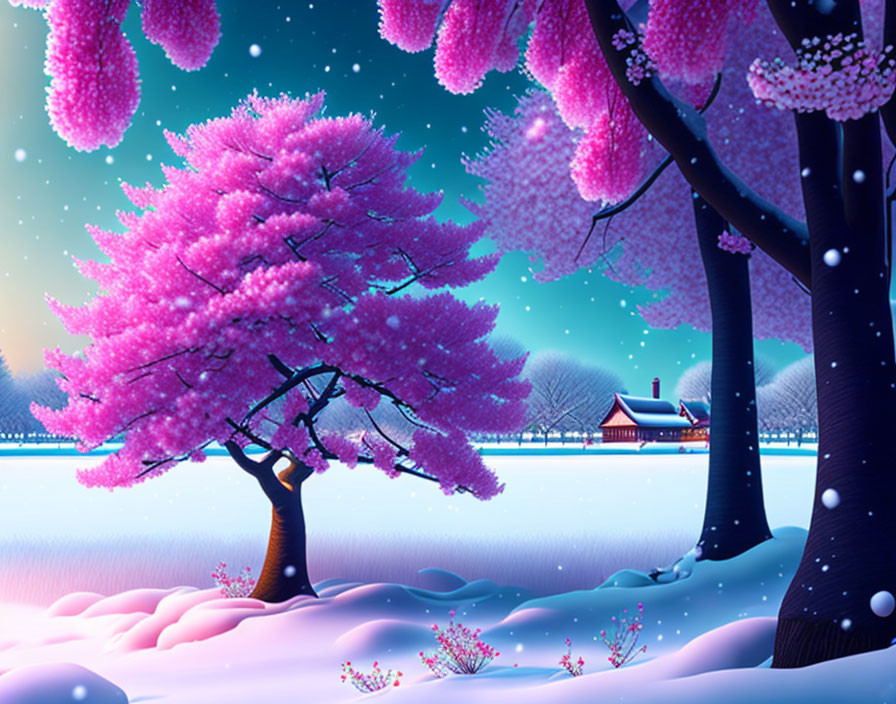 Vibrant pink cherry blossom trees in whimsical winter scene