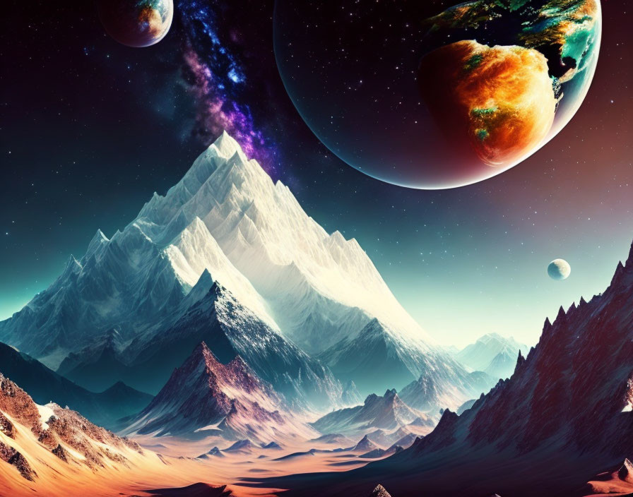 Surreal snowy mountains under starry sky with oversized planets