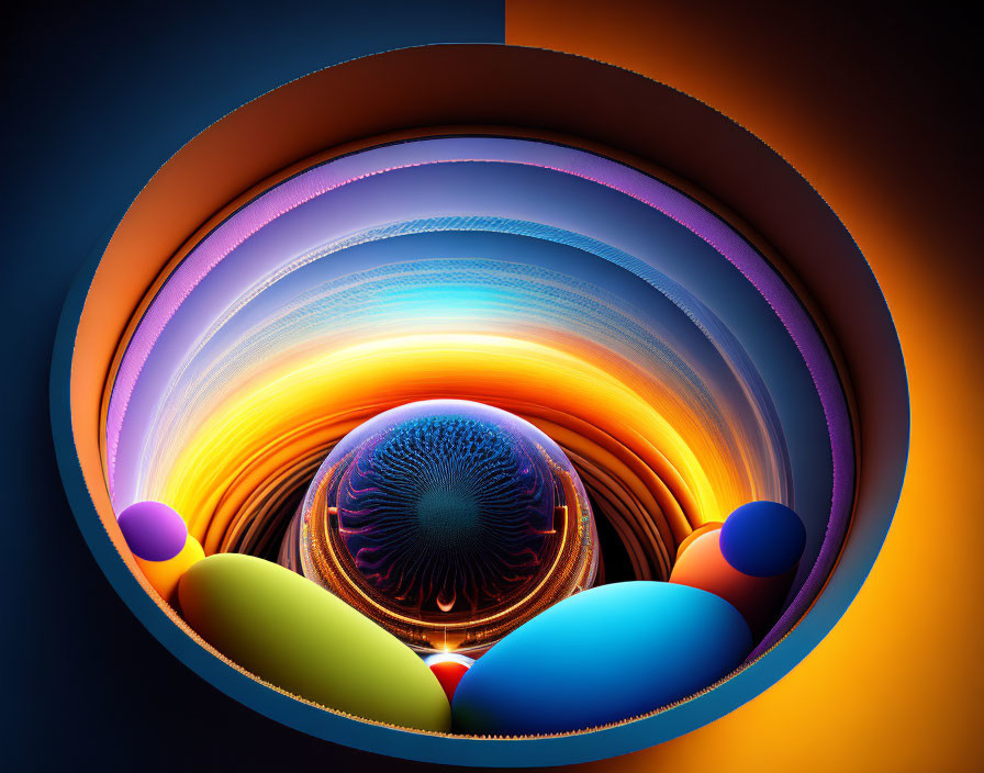 Vibrant Abstract Fractal Art: Central Sphere, Elongated Shapes