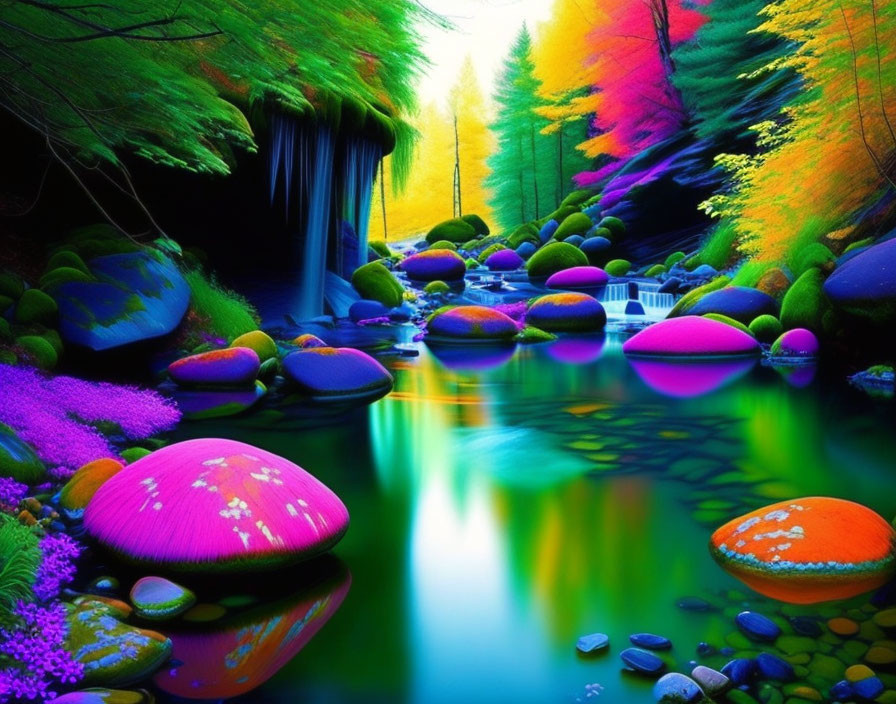 Colorful forest scene with vibrant foliage and oversized mushrooms by tranquil stream