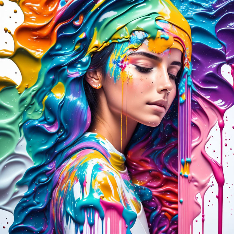 Vibrant multicolored paint flows over woman in surreal artwork