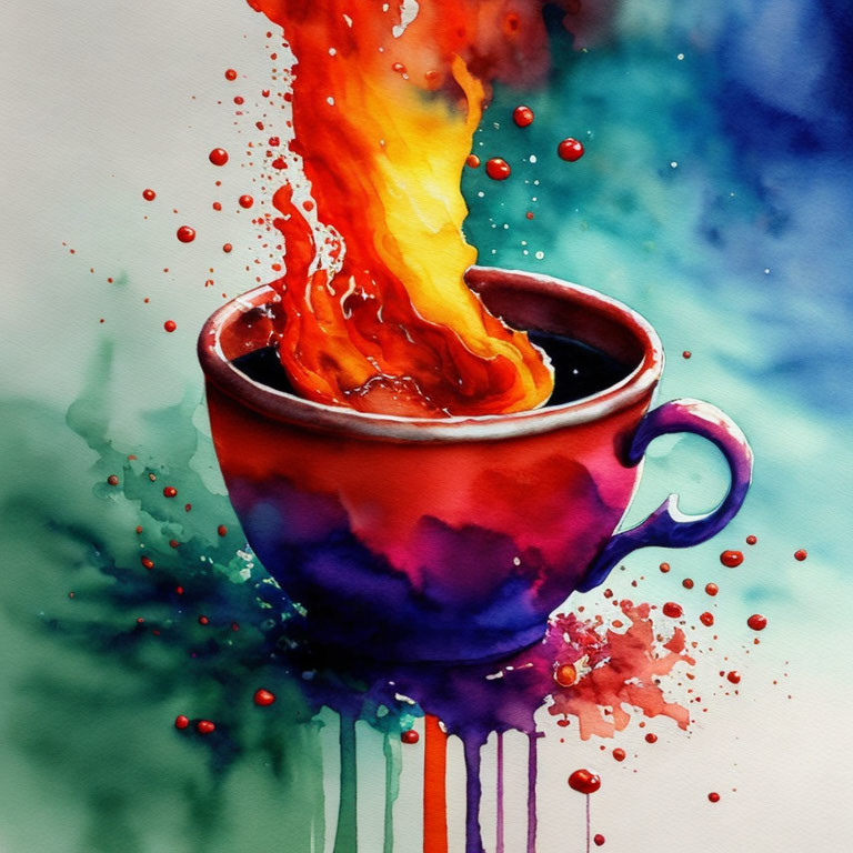 Colorful Watercolor Painting of Cup with Fiery Liquid Splashing Out