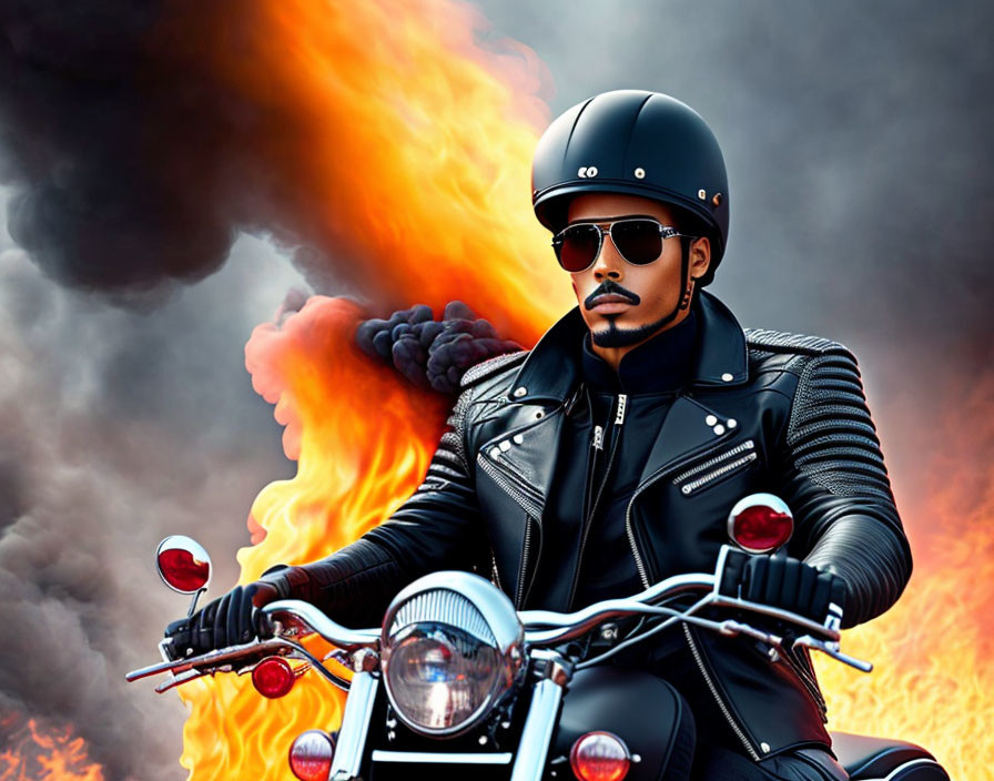 Motorcyclist in sunglasses and leather jacket with explosion scene.