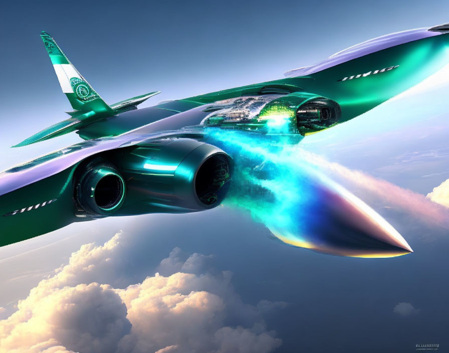 Sleek futuristic airplane with green and blue livery in flight