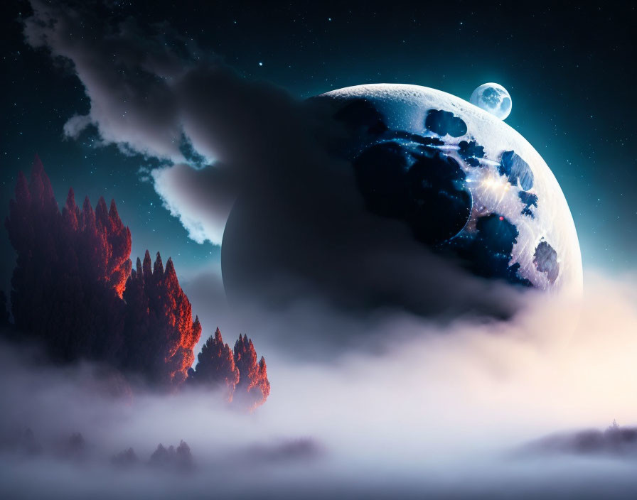 Detailed surreal landscape with large moon, satellite moon, silhouetted trees, mist, and star