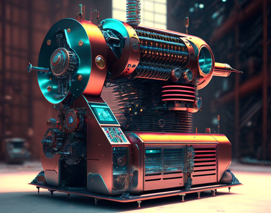 Intricate futuristic industrial machine with copper and teal tones