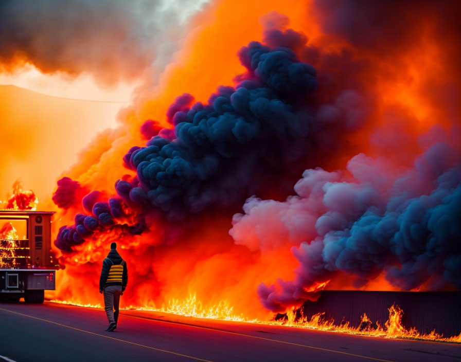 Person walking past massive fire and fire truck on road