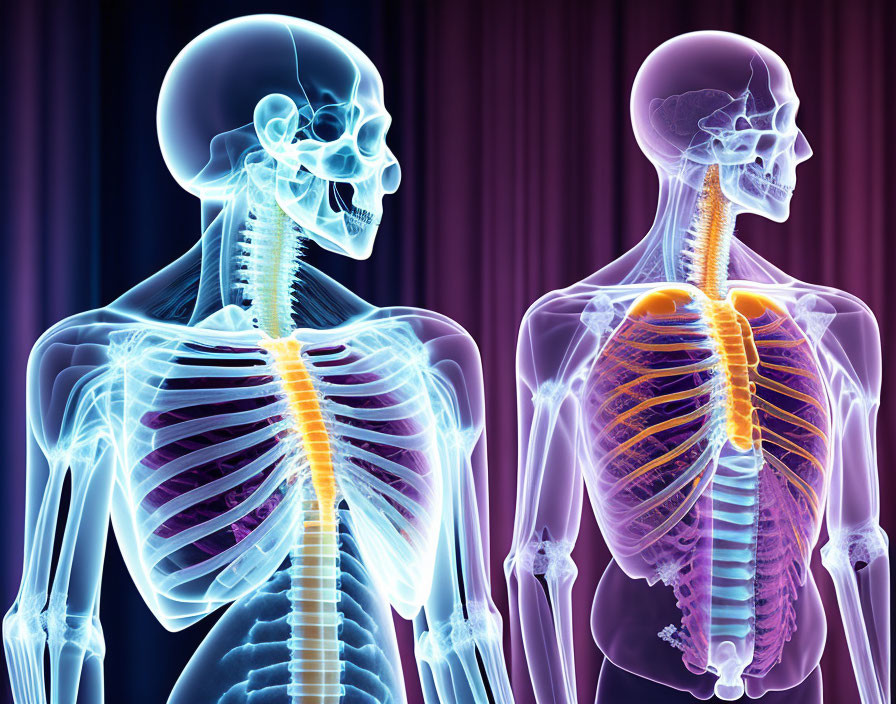 Detailed X-ray Illustration of Human Skeletons with Respiratory System