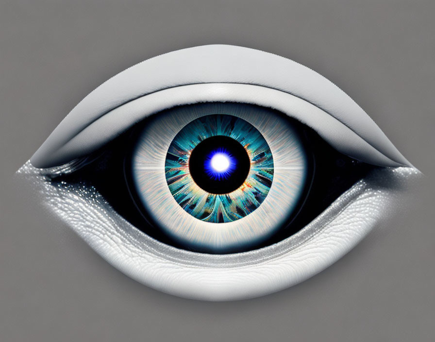 Detailed Stylized Human Eye with Intricate Blue Iris on Grey Background