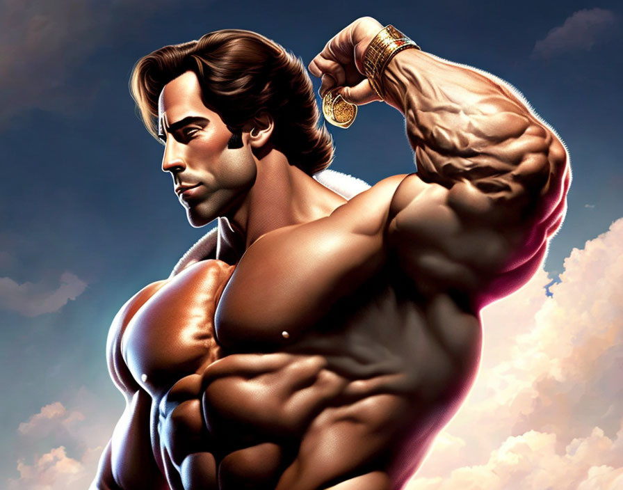 Muscular man flexing biceps against sky backdrop