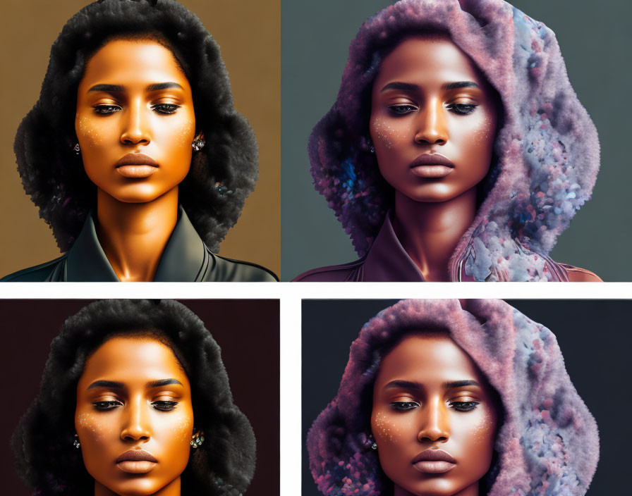 Split images: Woman with styled hair and makeup in two color treatments.