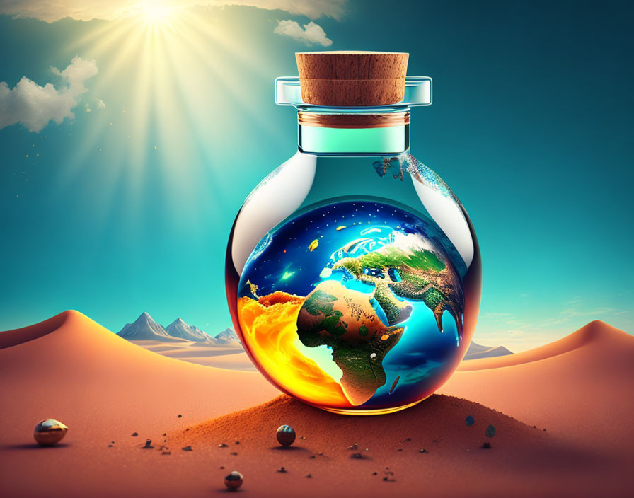 Glass bottle encasing Earth in surreal desert setting