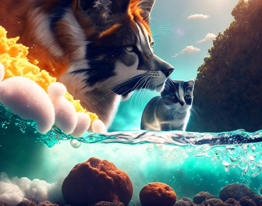 Large cat gazes at reflection in surreal underwater scene