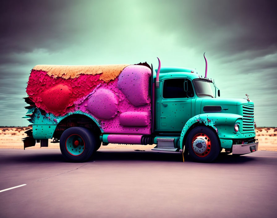 Colorful retro truck parked in arid landscape under moody sky