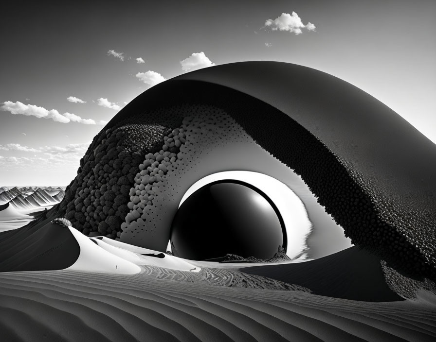 Monochrome surreal landscape with smooth dunes and textured shapes