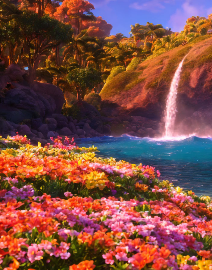 Colorful flowers and waterfall in serene cove with lush foliage