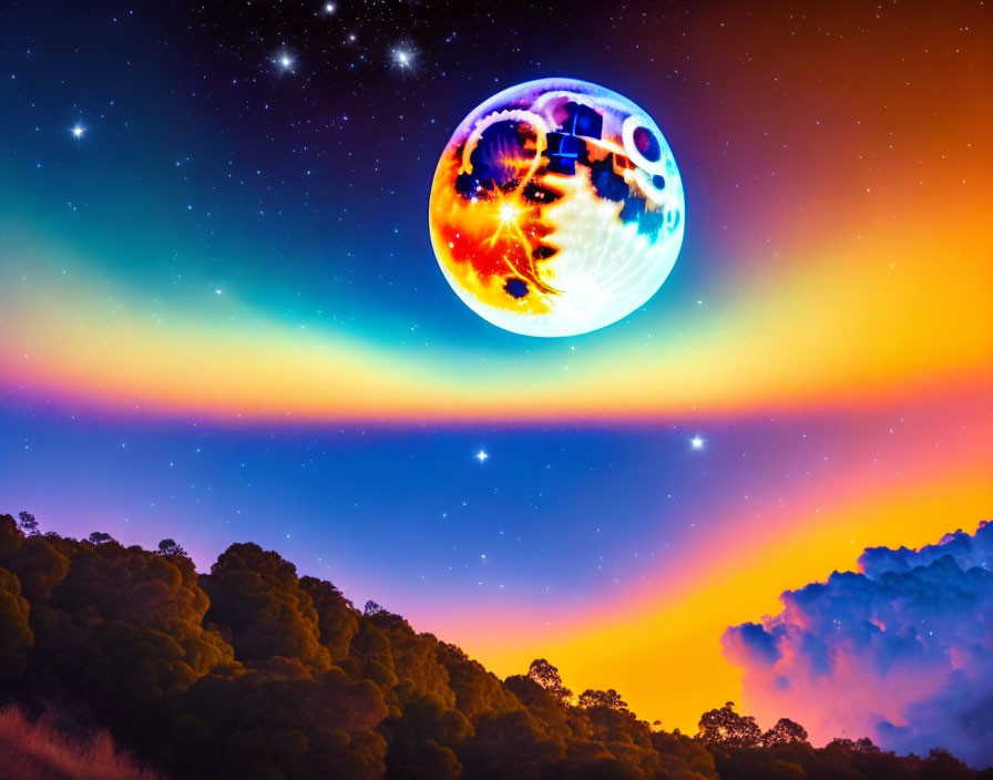 Colorful Surreal Sky with Moon, Stars, and Trees