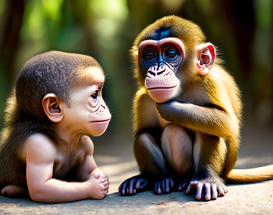 Two Mandrill Monkeys Sitting with Blurred Natural Background