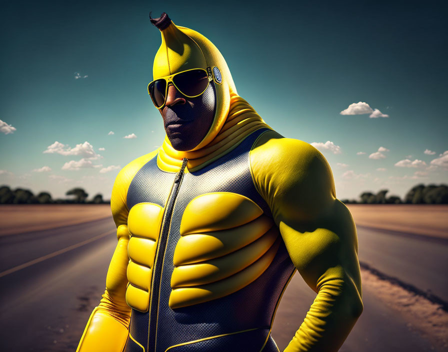 Muscular banana costume person with sunglasses on empty road