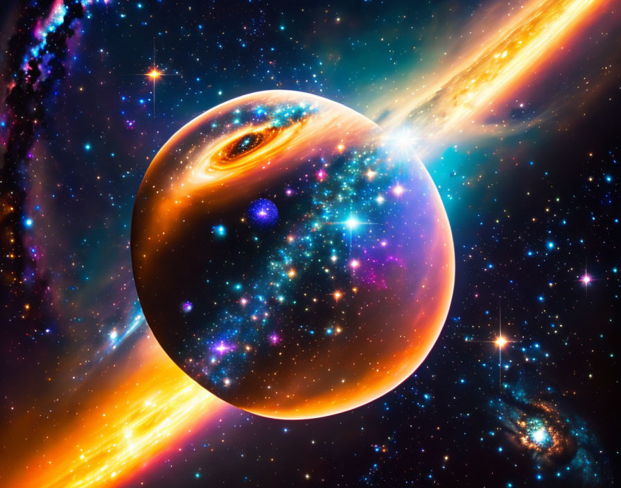 Glowing planet with fiery tail in cosmic scene