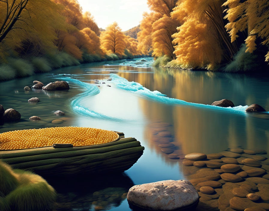 Tranquil river in golden autumn forest with turquoise water