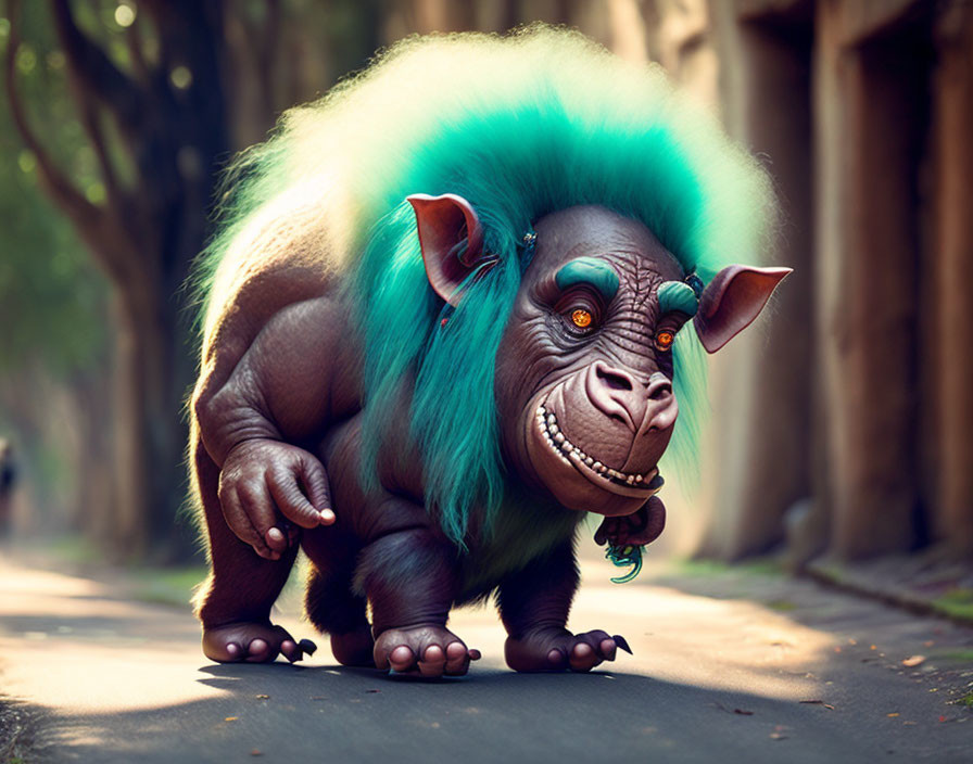 Vibrant blue-green ape-like creature with orange eyes on sunlit pathway