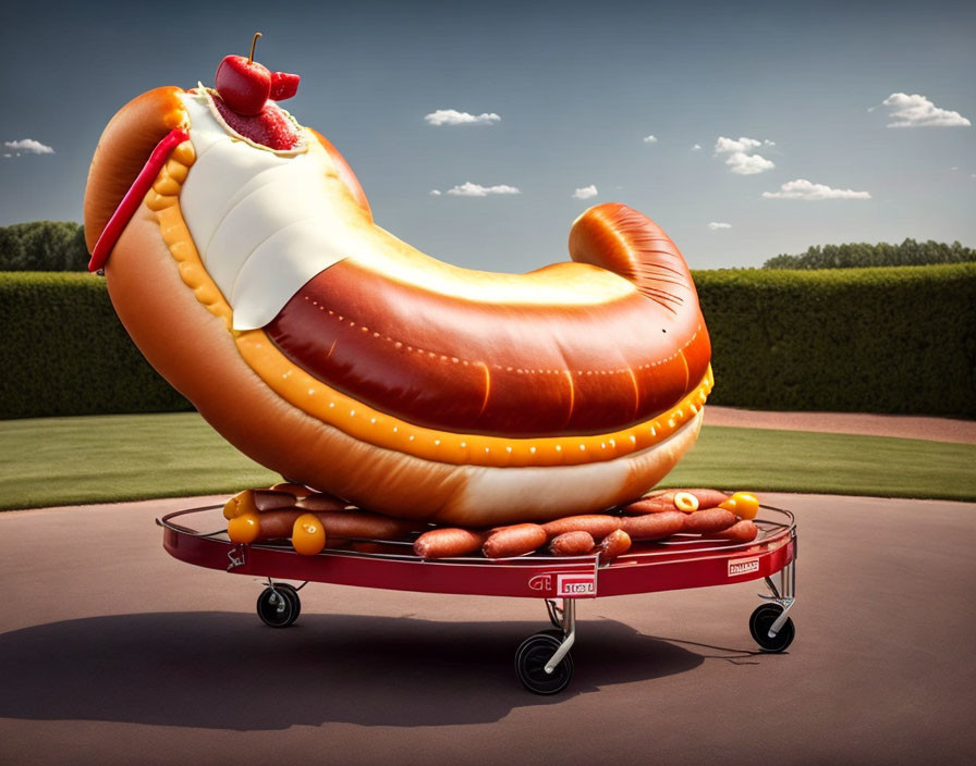 Giant Hot Dog with Toppings on Small Red Wagon in Green Yard