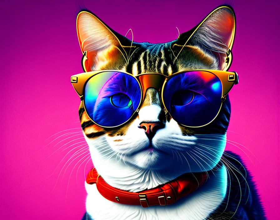 Stylized cat with sunglasses and red collar on pink background